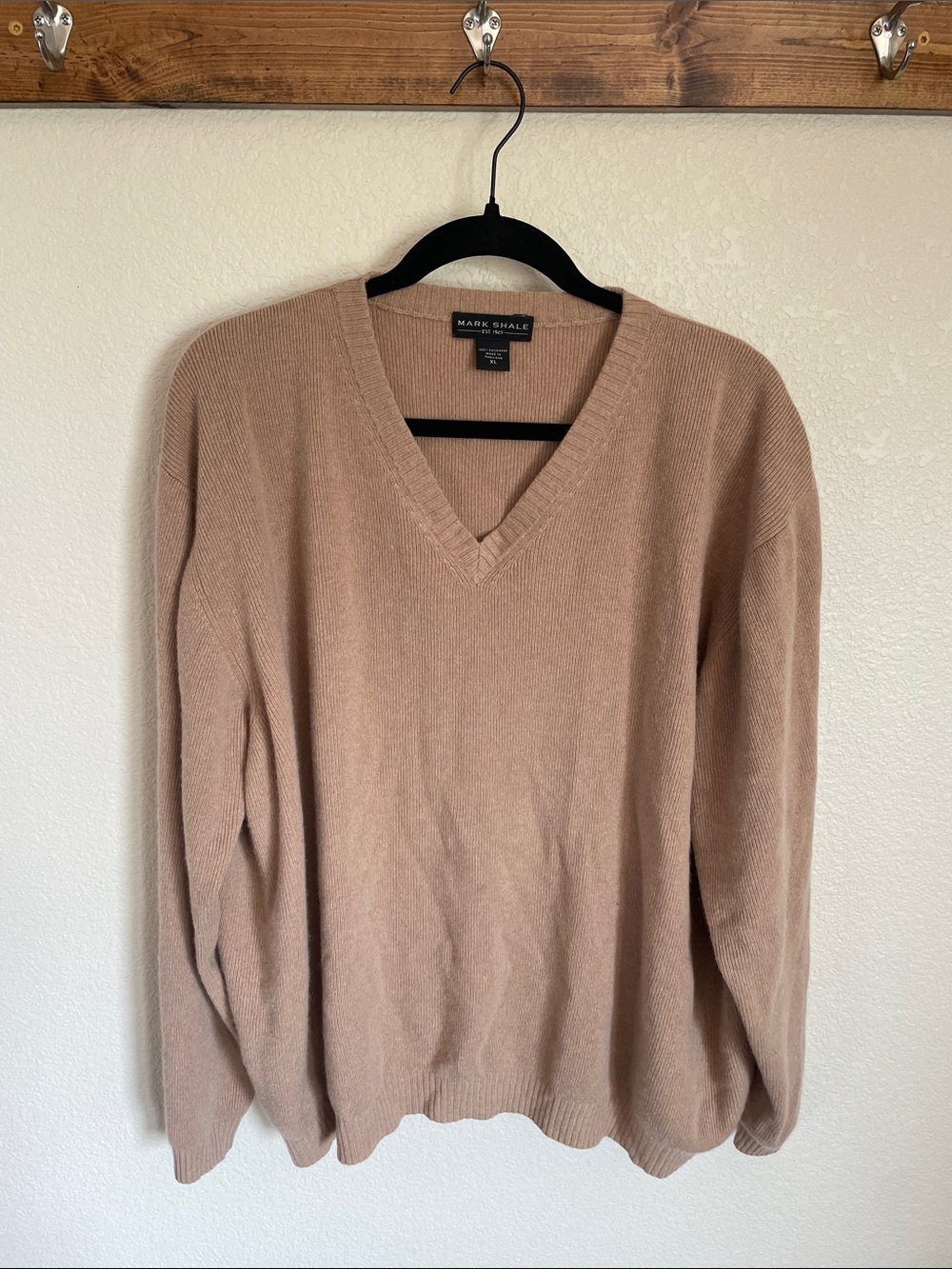 Mark Shale Men's V-Neck Cashmere Sweater XL Light Brown Knit Pullover Old Money